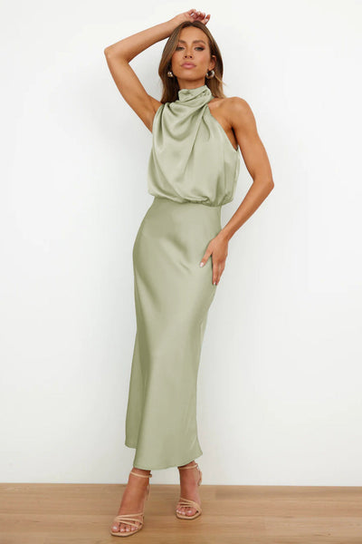 Vestido Coralia – Satén Largo con Cuello Halter