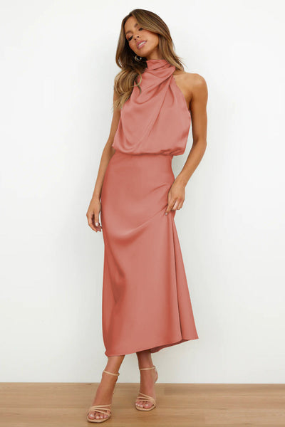 Vestido Coralia – Satén Largo con Cuello Halter