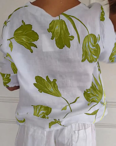 Blusa abotonada de algodón y lino con estampado floral - 💖 ESPECIAL DIA DE LAS MADRES 👩‍🦳