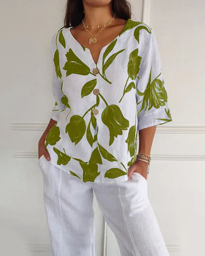 Blusa abotonada de algodón y lino con estampado floral - 💖 ESPECIAL DIA DE LAS MADRES 👩‍🦳