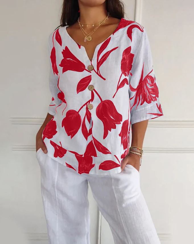 Blusa abotonada de algodón y lino con estampado floral