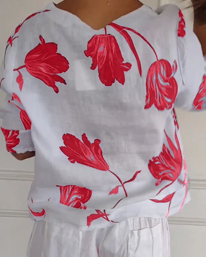 Blusa abotonada de algodón y lino con estampado floral - 💖 ESPECIAL DIA DE LAS MADRES 👩‍🦳