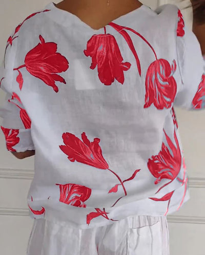 Blusa abotonada de algodón y lino con estampado floral - 💖 ESPECIAL DIA DE LAS MADRES 👩‍🦳