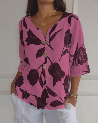 Blusa abotonada de algodón y lino con estampado floral - 💖 ESPECIAL DIA DE LAS MADRES 👩‍🦳