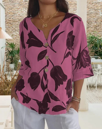 Blusa abotonada de algodón y lino con estampado floral - 💖 ESPECIAL DIA DE LAS MADRES 👩‍🦳