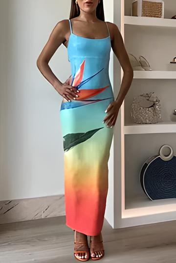 Vestido maxi estampado con degradado floral único y abertura, con lentejuelas
