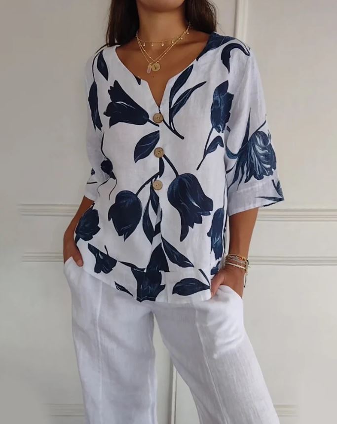 Blusa abotonada de algodón y lino con estampado floral