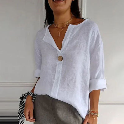Camiseta cómoda para mujer en lino y algodón con escote en V