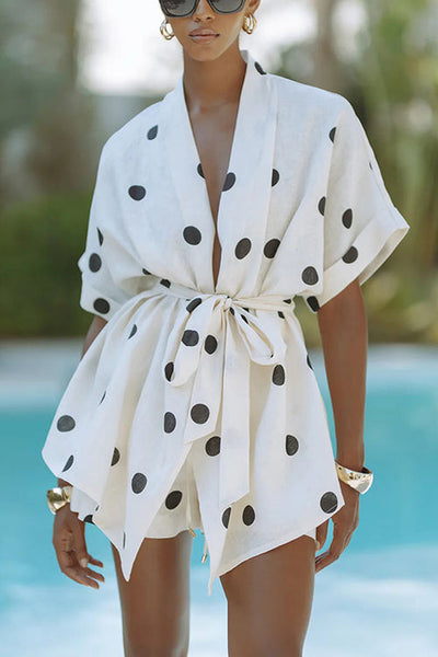 Conjunto divertido de mezcla de lino con estampado de lunares y shorts con cintura elástica y bolsillos