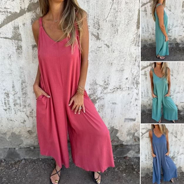 Mono informal holgado de mezcla de algodón y lino para mujer con bolsillos y tirantes ajustables