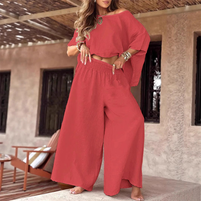 Conjunto casual para mujer con top de hombro descubierto y pantalones anchos