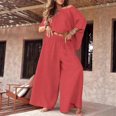 Conjunto casual para mujer con top de hombro descubierto y pantalones anchos