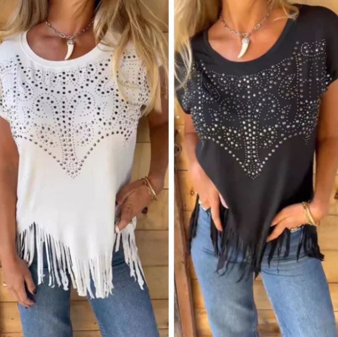 Camiseta de mujer unicolor de manga corta con estampado caliente y dobladillo deshilachado