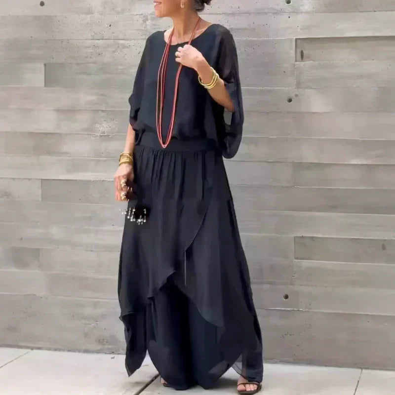 Conjunto de dos piezas con blusa ligera de gasa y pantalones de corte ancho