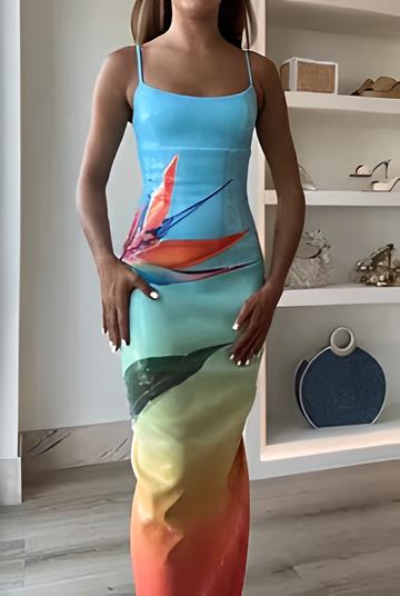 Vestido maxi estampado con degradado floral único y abertura, con lentejuelas