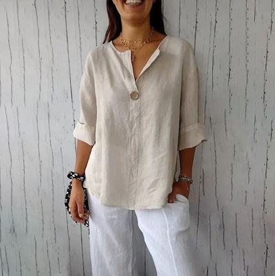 Camiseta cómoda para mujer en lino y algodón con escote en V