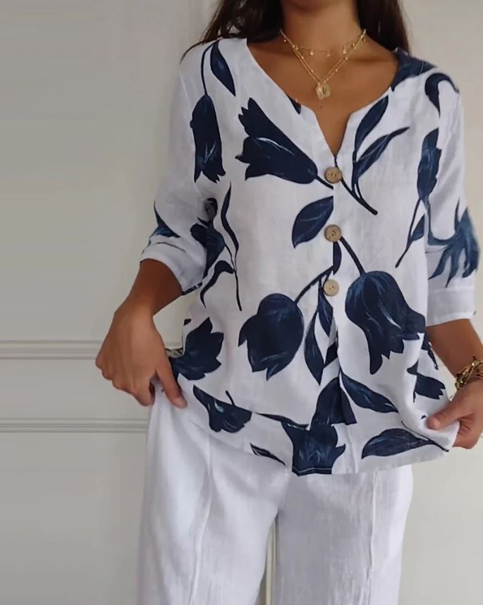 Blusa abotonada de algodón y lino con estampado floral - 💖 ESPECIAL DIA DE LAS MADRES 👩‍🦳