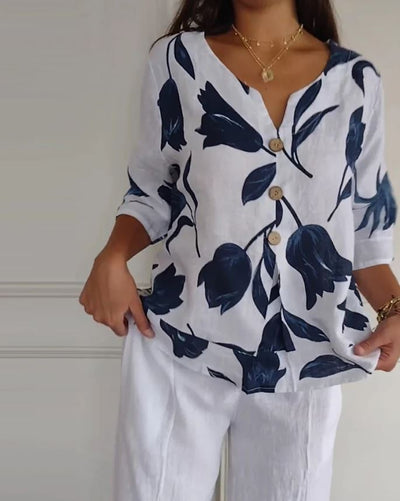 Blusa abotonada de algodón y lino con estampado floral - 💖 ESPECIAL DIA DE LAS MADRES 👩‍🦳