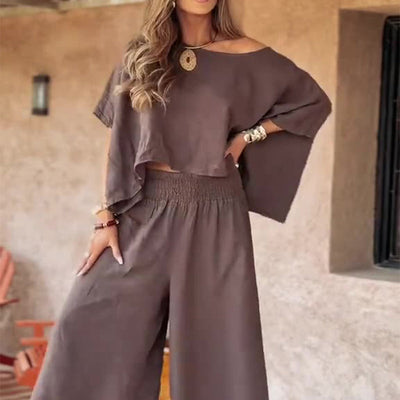 Conjunto casual para mujer con top de hombro descubierto y pantalones anchos