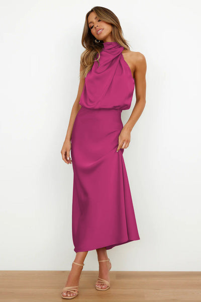 Vestido Coralia – Satén Largo con Cuello Halter