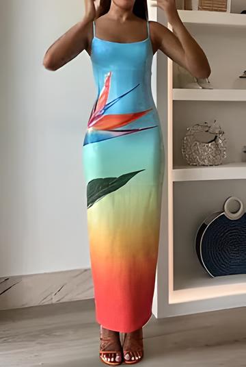 Vestido maxi estampado con degradado floral único y abertura, con lentejuelas