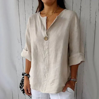 Camiseta cómoda para mujer en lino y algodón con escote en V