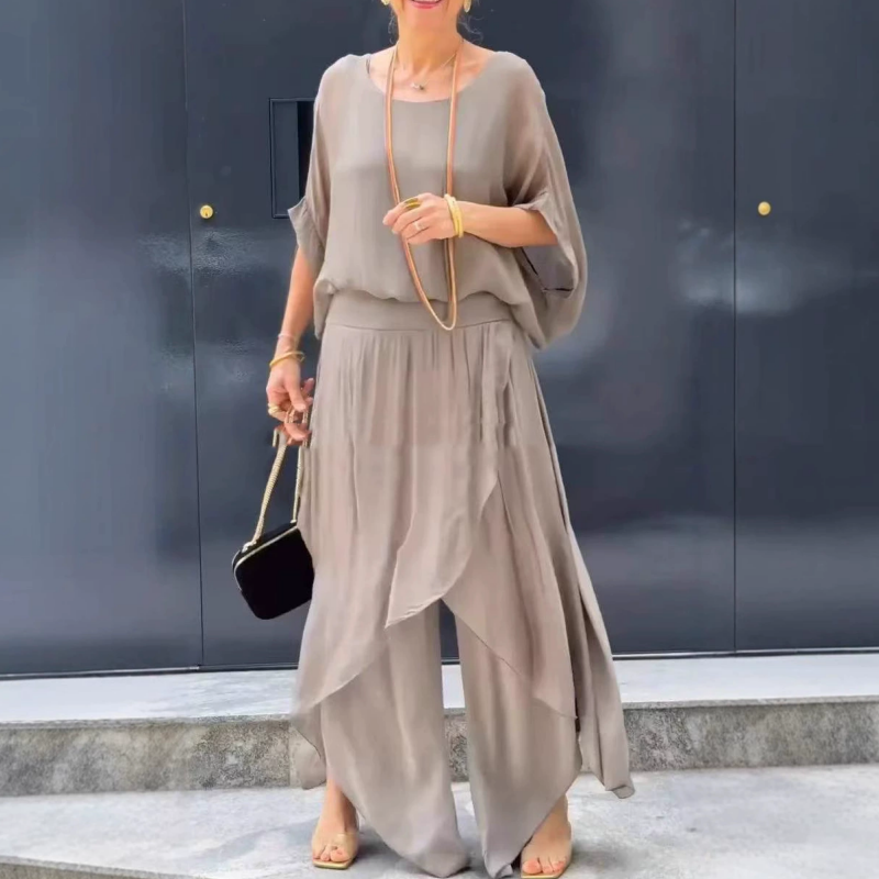 Conjunto de dos piezas con blusa ligera de gasa y pantalones de corte ancho