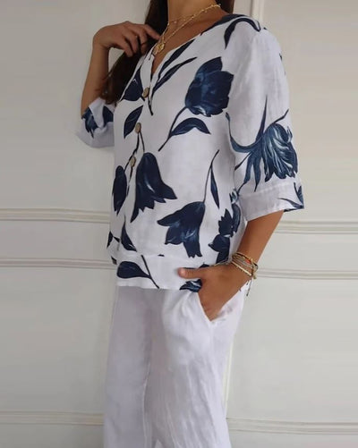 Blusa abotonada de algodón y lino con estampado floral - 💖 ESPECIAL DIA DE LAS MADRES 👩‍🦳