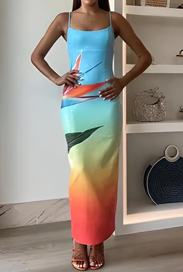 Vestido maxi estampado con degradado floral único y abertura, con lentejuelas