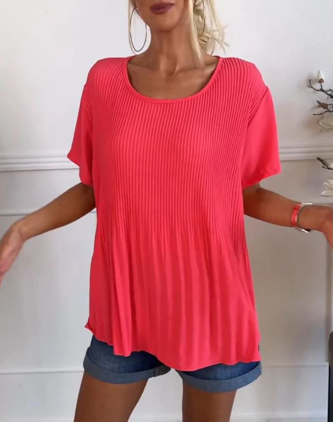 Blusa plisada de cuello redondo liso