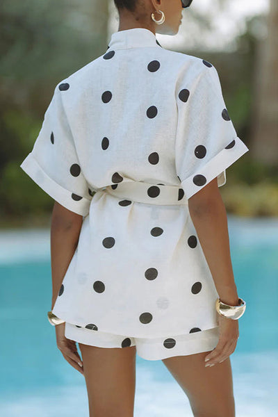 Conjunto divertido de mezcla de lino con estampado de lunares y shorts con cintura elástica y bolsillos