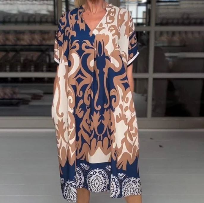 Vestido midi holgado con escote en V estampado