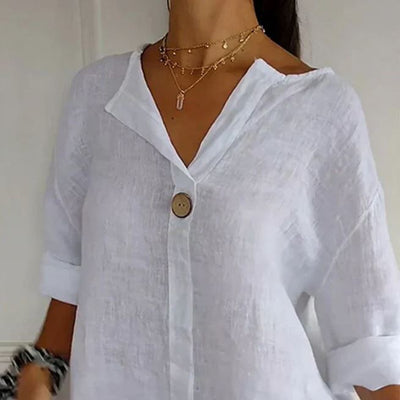Camiseta cómoda para mujer en lino y algodón con escote en V