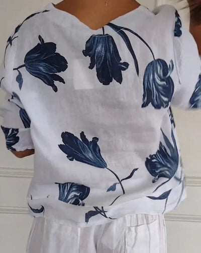 Blusa abotonada de algodón y lino con estampado floral - 💖 ESPECIAL DIA DE LAS MADRES 👩‍🦳