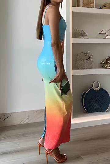 Vestido maxi estampado con degradado floral único y abertura, con lentejuelas