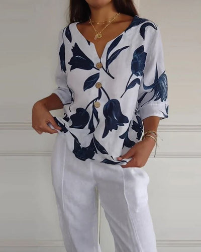 Blusa abotonada de algodón y lino con estampado floral - 💖 ESPECIAL DIA DE LAS MADRES 👩‍🦳