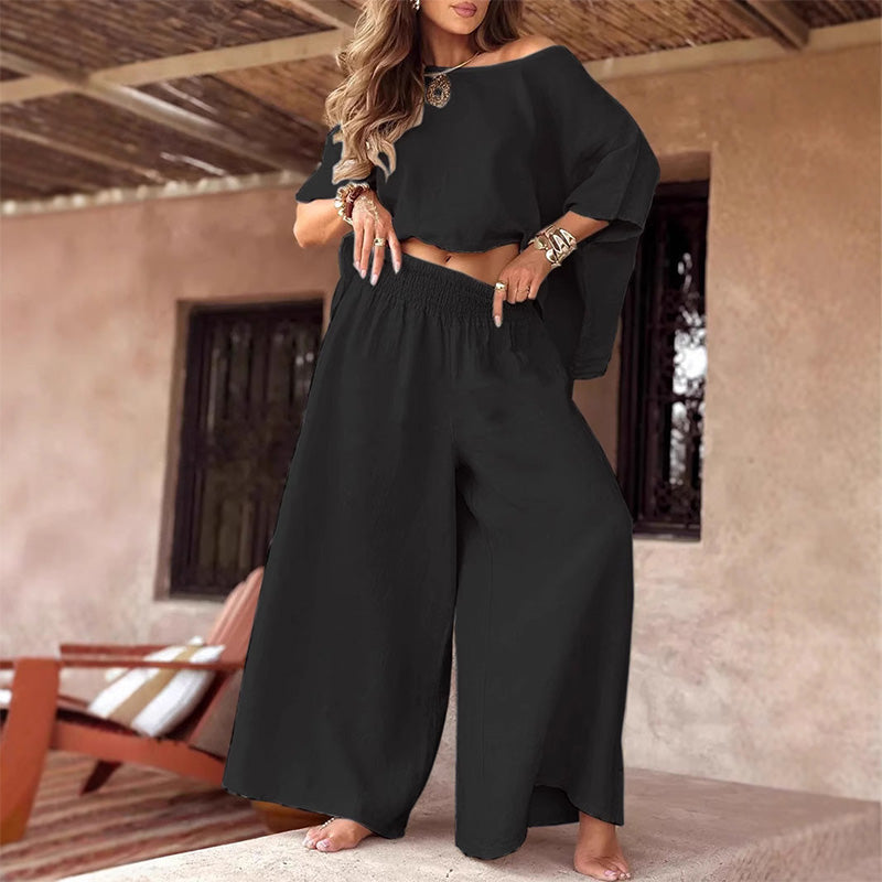Conjunto casual para mujer con top de hombro descubierto y pantalones anchos