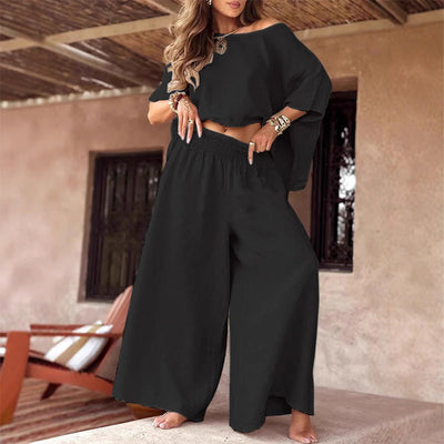 Conjunto casual para mujer con top de hombro descubierto y pantalones anchos