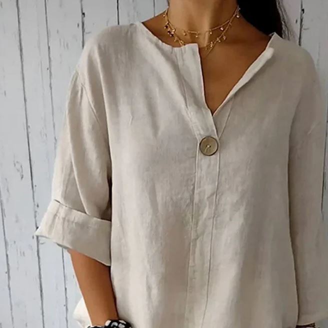 Camiseta cómoda para mujer en lino y algodón con escote en V