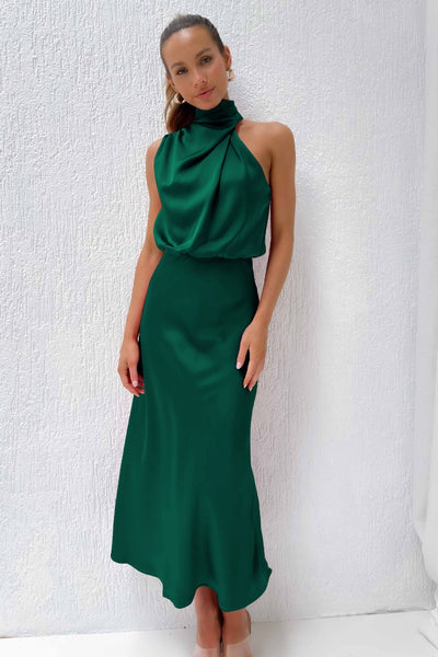 Vestido Coralia – Satén Largo con Cuello Halter