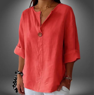 Camiseta cómoda para mujer en lino y algodón con escote en V
