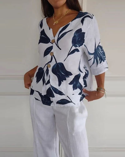 Blusa abotonada de algodón y lino con estampado floral - 💖 ESPECIAL DIA DE LAS MADRES 👩‍🦳