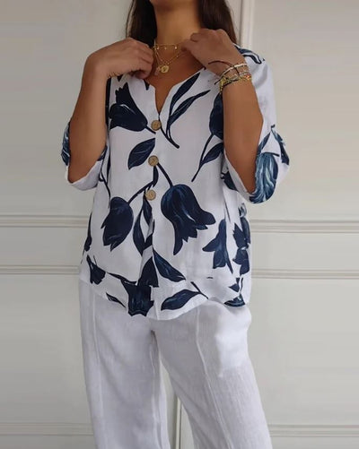 Blusa abotonada de algodón y lino con estampado floral - 💖 ESPECIAL DIA DE LAS MADRES 👩‍🦳