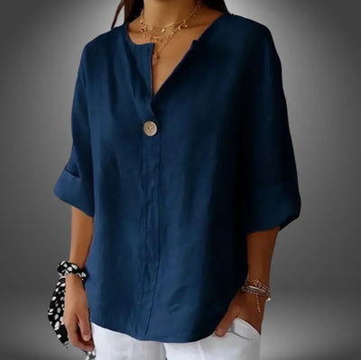 Camiseta cómoda para mujer en lino y algodón con escote en V