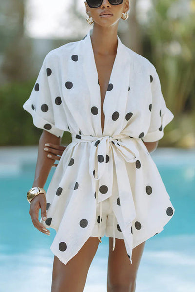 Conjunto divertido de mezcla de lino con estampado de lunares y shorts con cintura elástica y bolsillos