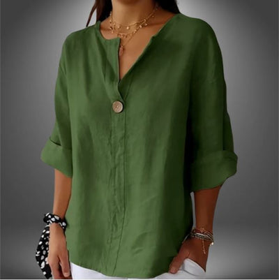 Camiseta cómoda para mujer en lino y algodón con escote en V