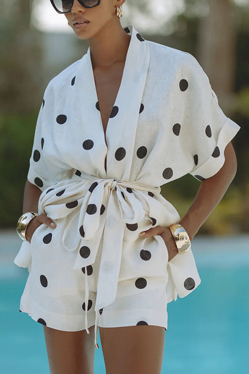 Conjunto divertido de mezcla de lino con estampado de lunares y shorts con cintura elástica y bolsillos