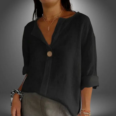 Camiseta cómoda para mujer en lino y algodón con escote en V