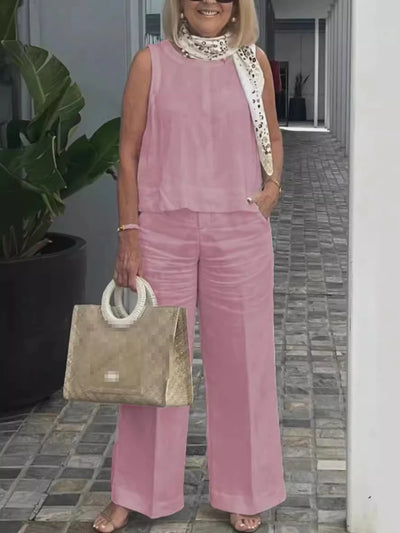 Conjunto de Mujer en Lino: Blusa Sin Mangas y Pantalón Ancho