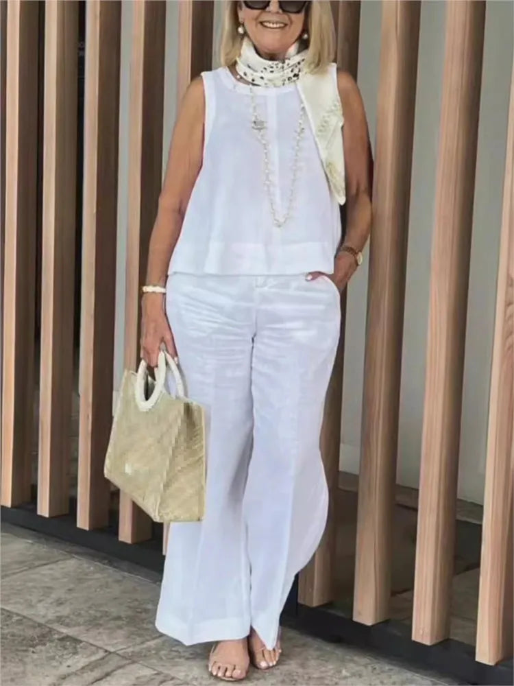 Conjunto de Mujer en Lino: Blusa Sin Mangas y Pantalón Ancho
